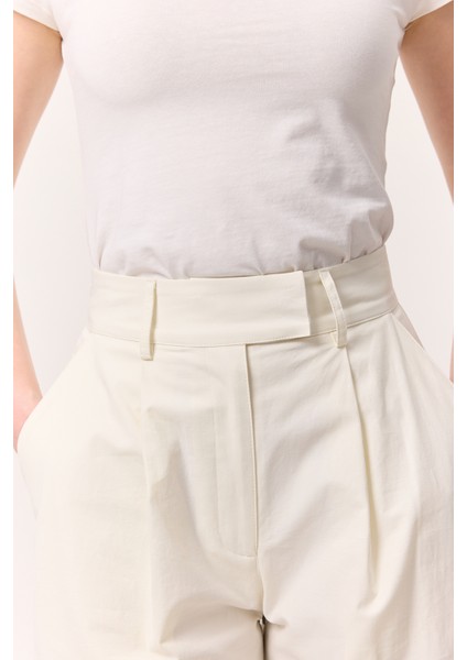 Pileli Gabardin Pantolon Ekru