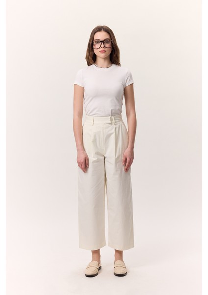 Pileli Gabardin Pantolon Ekru