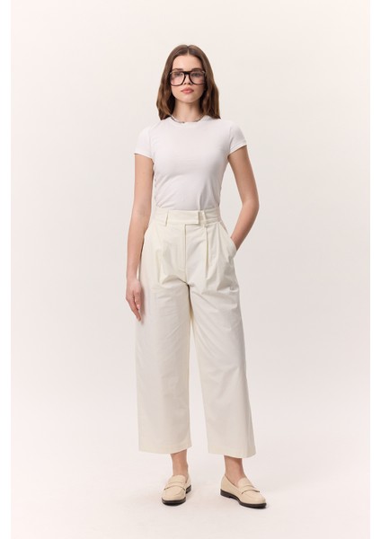 Pileli Gabardin Pantolon Ekru