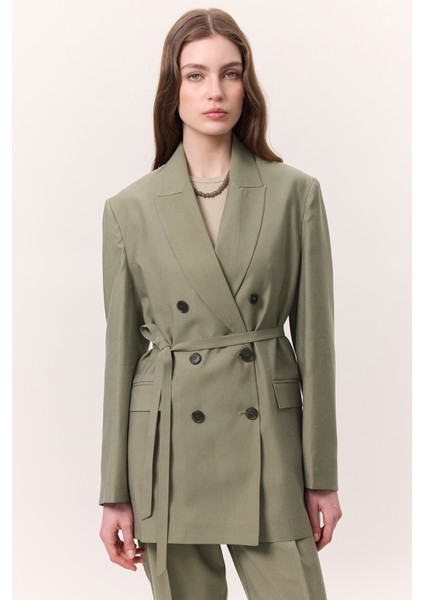 Tencel Kemerli Kruvaze Blazer Ceket Çağla