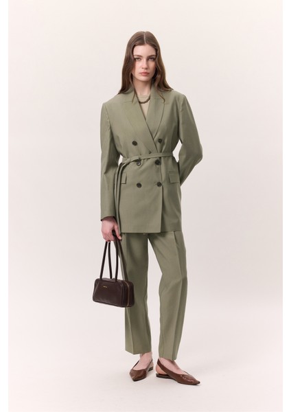 Tencel Kemerli Kruvaze Blazer Ceket Çağla