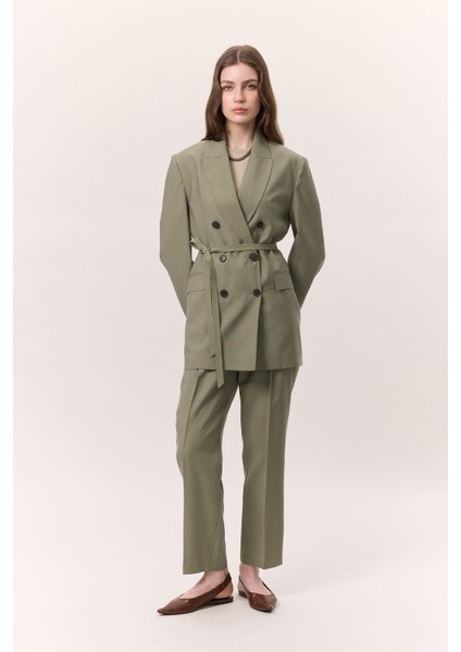 Tencel Kemerli Kruvaze Blazer Ceket Çağla