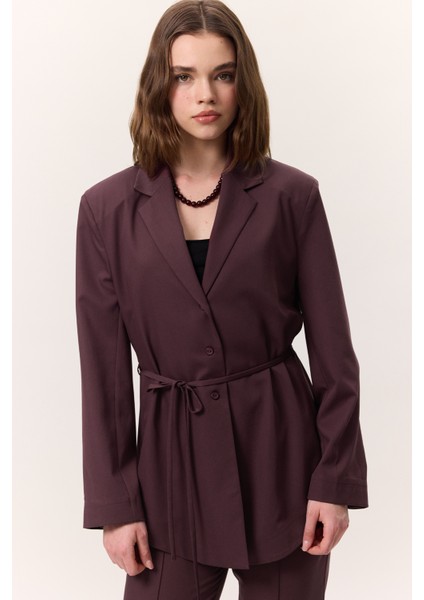 Kemerli Düğmeli Blazer Ceket Bordo