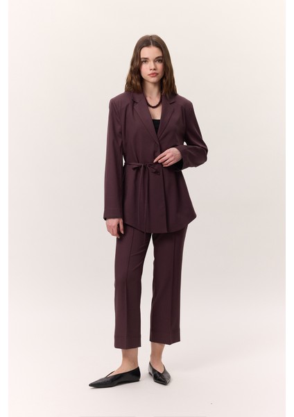 Kemerli Düğmeli Blazer Ceket Bordo