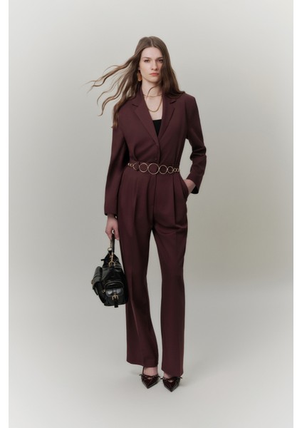 Kemerli Düğmeli Blazer Ceket Bordo