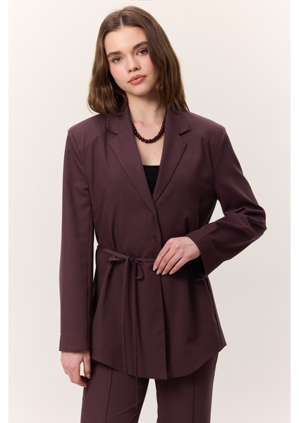 Kemerli Düğmeli Blazer Ceket Bordo