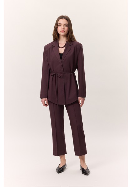 Kemerli Düğmeli Blazer Ceket Bordo