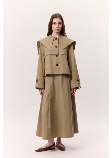 Geniş Yaka Gabardin Ceket Kum