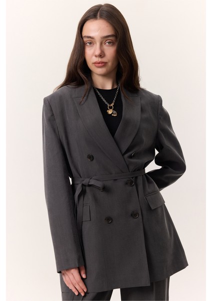 Tencel Kemerli Kruvaze Blazer Ceket Antrasit