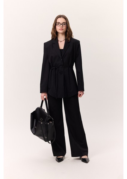 Kemerli Düğmeli Blazer Ceket Siyah