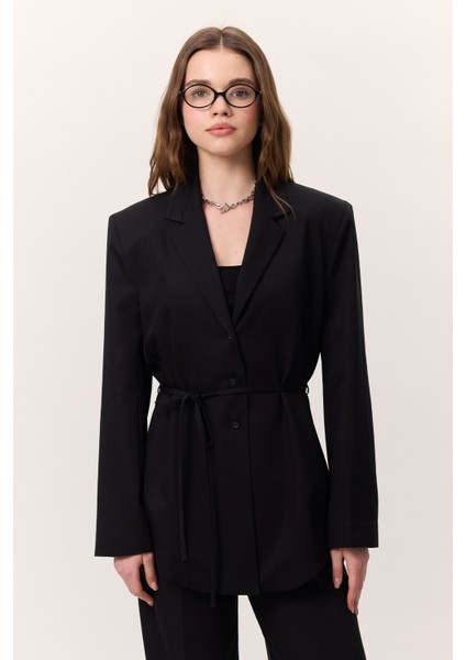 Kemerli Düğmeli Blazer Ceket Siyah