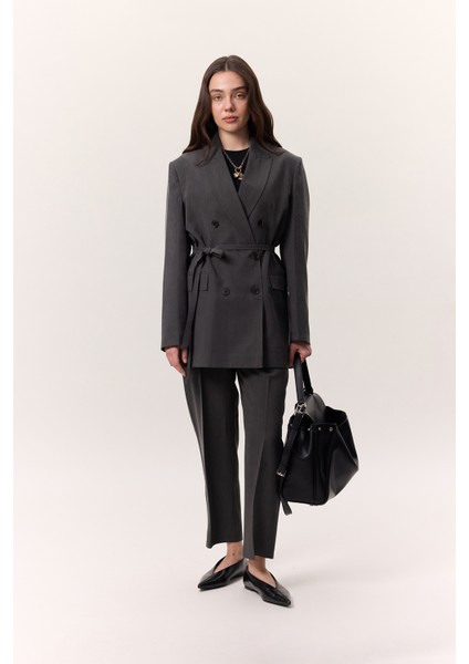 Tencel Kemerli Kruvaze Blazer Ceket Antrasit modelleri