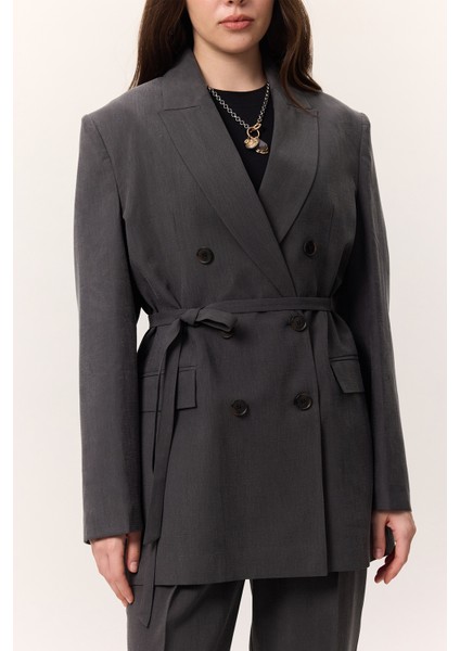 Tencel Kemerli Kruvaze Blazer Ceket Antrasit indirimleri