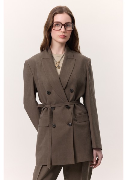 Tencel Kemerli Kruvaze Blazer Ceket Kahverengi