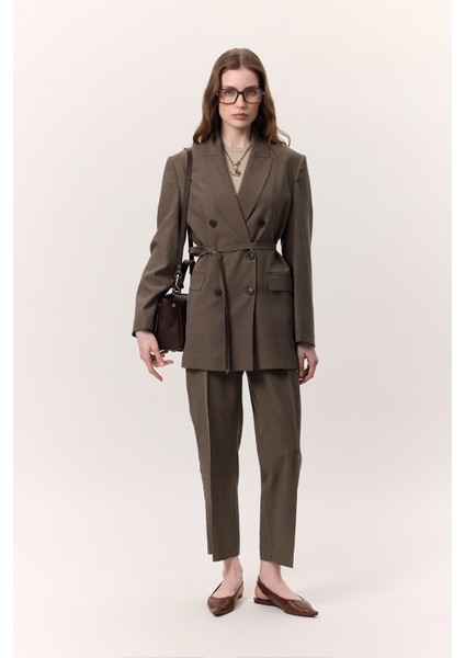 Tencel Kemerli Kruvaze Blazer Ceket Kahverengi modelleri