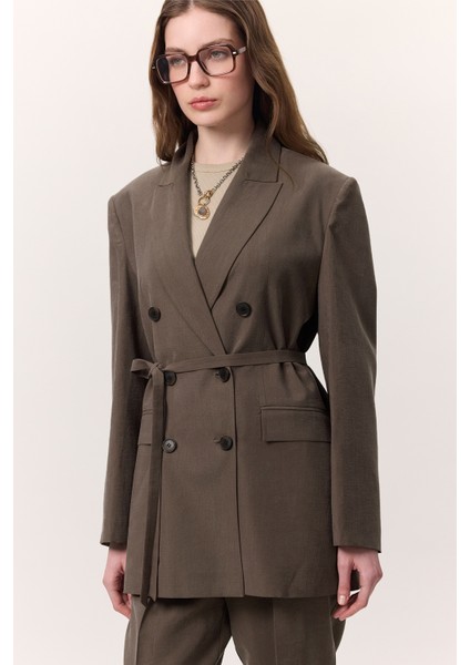Tencel Kemerli Kruvaze Blazer Ceket Kahverengi fırsatları