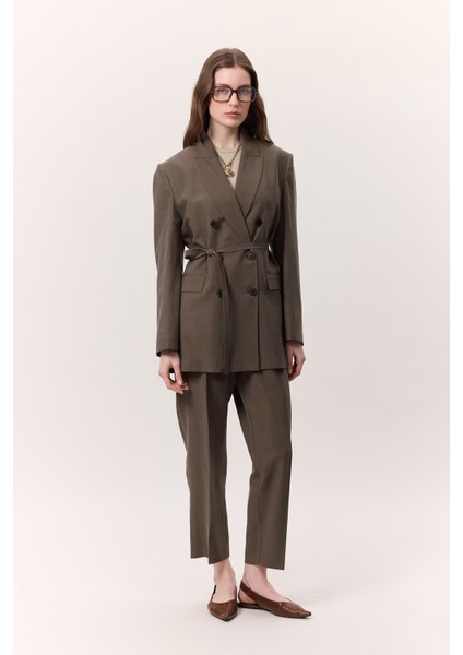 Tencel Kemerli Kruvaze Blazer Ceket Kahverengi indirimleri
