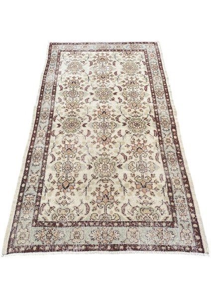 El Dokuma Retro Vintage Halı 118 x 204 Kahve Krem Yün Eskitme Halı