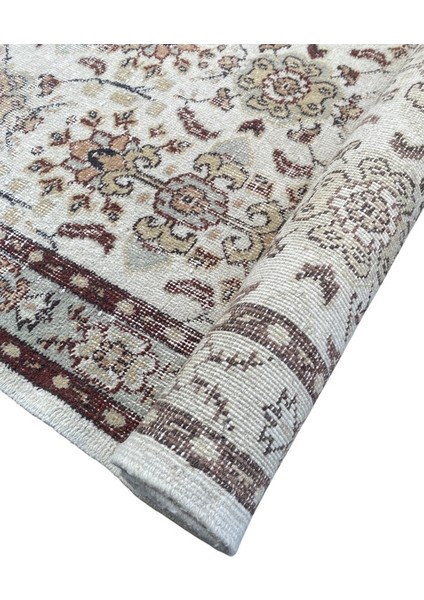 El Dokuma Retro Vintage Halı 118 x 204 Kahve Krem Yün Eskitme Halı modelleri