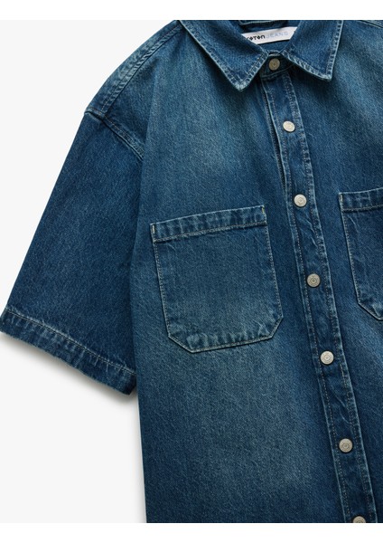 Pamuklu Cepli Kısa Kollu Oversize Denim Gömlek Ceket