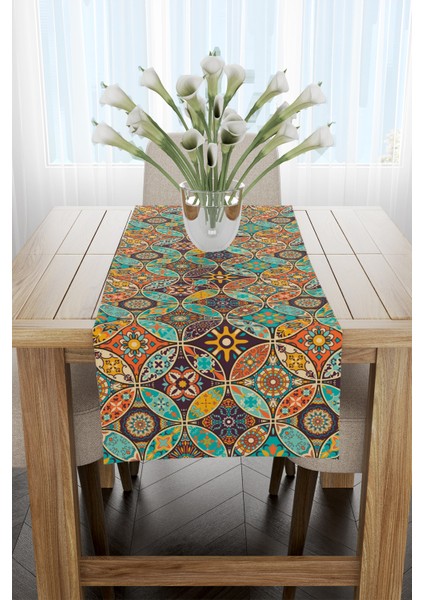 Turuncu Mavi Retro Vintage Desenli Runner 40X140CM