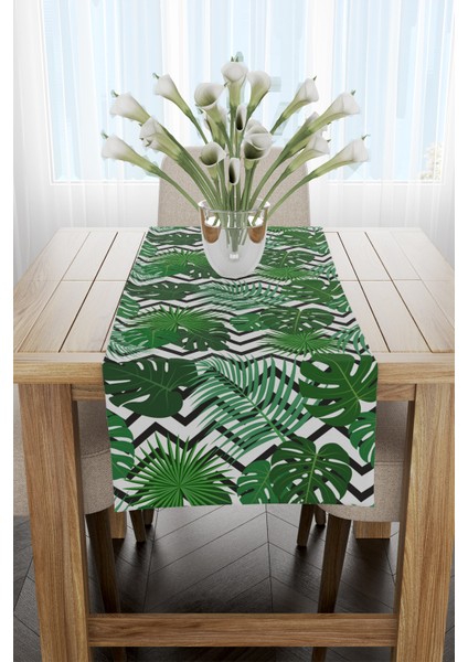 Yeşil Siyah Tropikal Zikzak Yaprak Desenli Runner 40X220CM