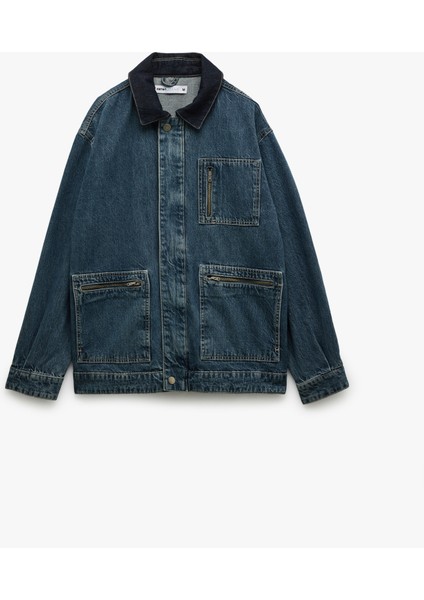 Pamuklu Oversize Uzun Kollu Fermuar Detaylı Denim Ceket