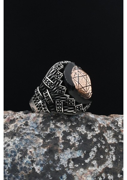 Erkek Yüzüğü Hz. Süleyman Mührü 925 Ayar Gümüş Sıkma Kehribar Taşlı 901636 fiyatları