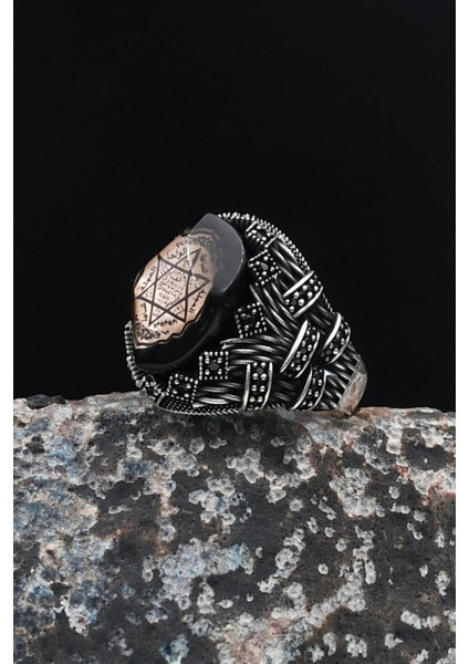 Erkek Yüzüğü Hz. Süleyman Mührü 925 Ayar Gümüş Sıkma Kehribar Taşlı 901636 modelleri