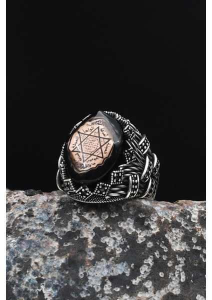 Erkek Yüzüğü Hz. Süleyman Mührü 925 Ayar Gümüş Sıkma Kehribar Taşlı 901636 fırsatları