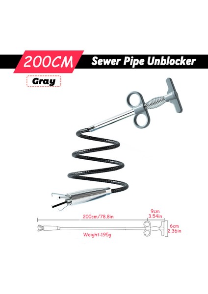 Gri 200CM Tarzı Banyo Mutfak Tıkanıklık Açıcı Yılan Bahar Boru Temizleme Aracı (Yurt Dışından)