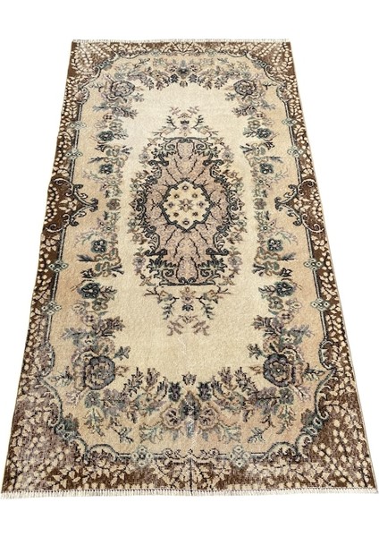 El Dokuma Retro Vintage Özel Yapım Halı 113 x 207 Krem Yeşil Halı