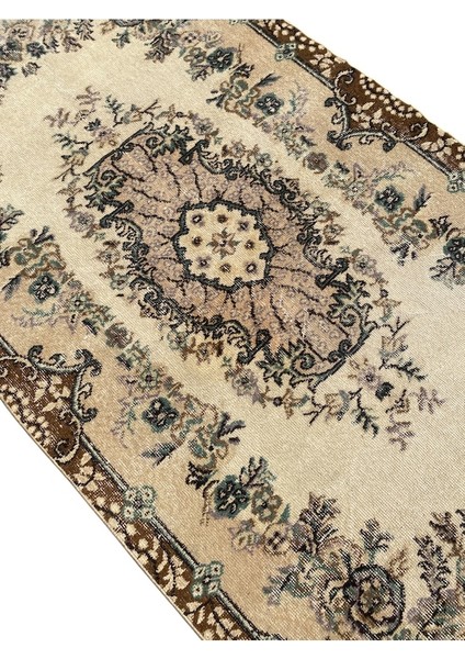 El Dokuma Retro Vintage Özel Yapım Halı 113 x 207 Krem Yeşil Halı modelleri