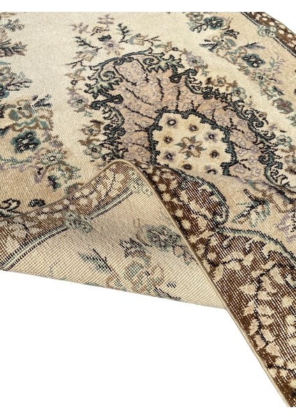 El Dokuma Retro Vintage Özel Yapım Halı 113 x 207 Krem Yeşil Halı fırsatları