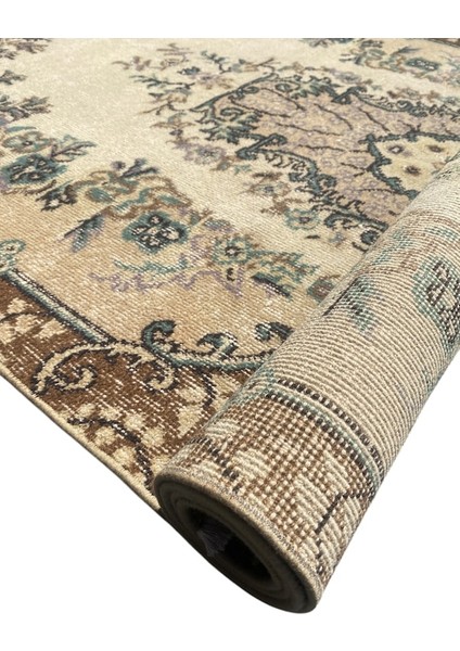 El Dokuma Retro Vintage Özel Yapım Halı 113 x 207 Krem Yeşil Halı indirimleri