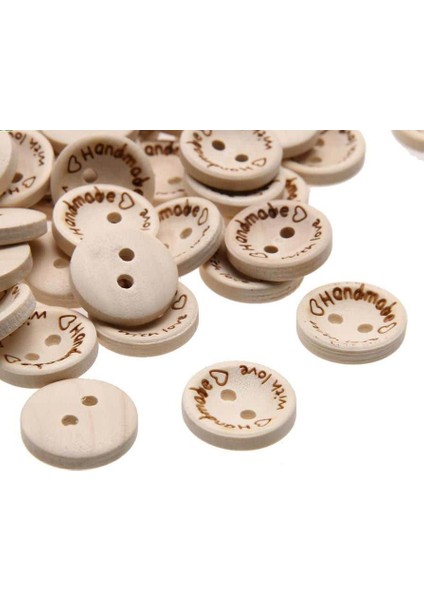 100 Adet 25 Mm Handmade Yazılı Yuvarlak Ahşap Düğme