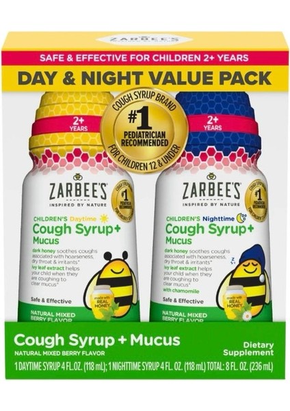 Children's Cough Syrup + Mucus Day & Night Value Pack Daytime & Nighttime Toddler Cough Syrup Mixed Berry 4 Fl. Oz 2 Pack