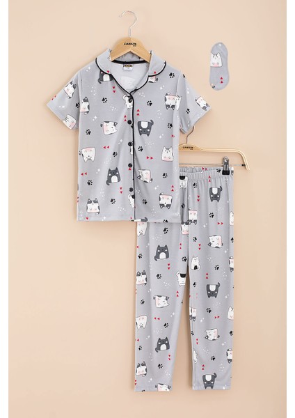 Gri Kedi Baskılı Kısa Kollu Böz Bantlı Kız Çocuk Pijama Takımı 20566