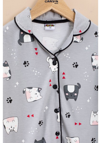 Gri Kedi Baskılı Kısa Kollu Böz Bantlı Kız Çocuk Pijama Takımı 20566 fiyatları