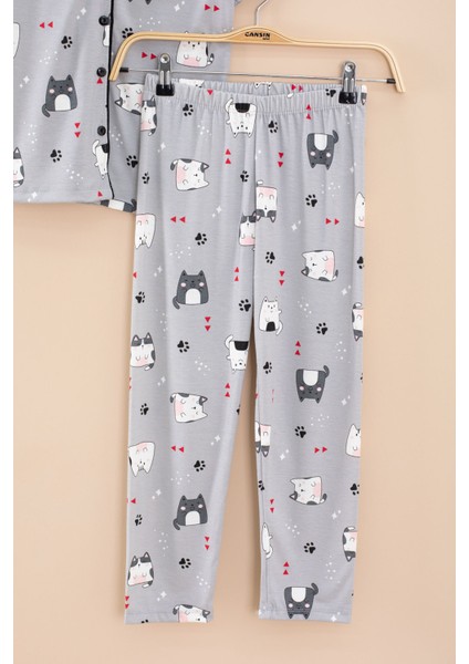 Gri Kedi Baskılı Kısa Kollu Böz Bantlı Kız Çocuk Pijama Takımı 20566 modelleri