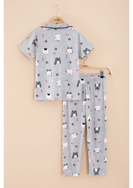 Gri Kedi Baskılı Kısa Kollu Böz Bantlı Kız Çocuk Pijama Takımı 20566 indirimleri