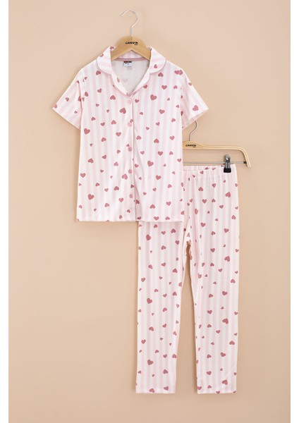 Pembe Çizgili Kalp Desenli Göz Bantlı Kız Çocuk Kısa Kol Pijama Takımı 20567