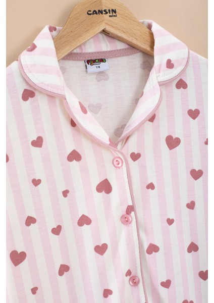 Pembe Çizgili Kalp Desenli Göz Bantlı Kız Çocuk Kısa Kol Pijama Takımı 20567 fiyatları