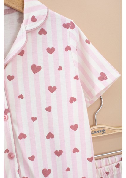 Pembe Çizgili Kalp Desenli Göz Bantlı Kız Çocuk Kısa Kol Pijama Takımı 20567 modelleri