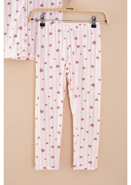 Pembe Çizgili Kalp Desenli Göz Bantlı Kız Çocuk Kısa Kol Pijama Takımı 20567 fırsatları