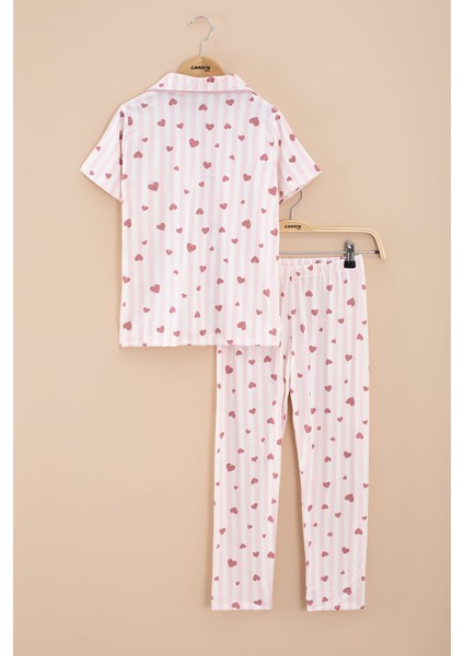 Pembe Çizgili Kalp Desenli Göz Bantlı Kız Çocuk Kısa Kol Pijama Takımı 20567 indirimleri