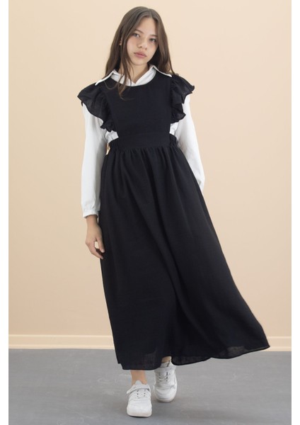 Siyah Fırfır Detaylı Uzun Kol Gömlekli Kız Çocuk Uzun Kesim Elbise 20554