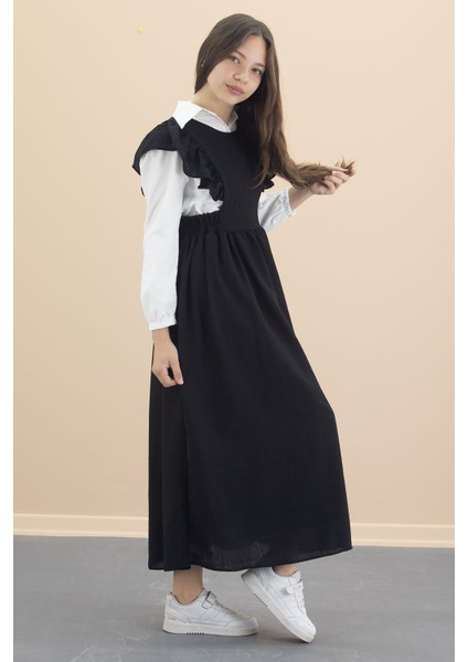 Siyah Fırfır Detaylı Uzun Kol Gömlekli Kız Çocuk Uzun Kesim Elbise 20554 fiyatları