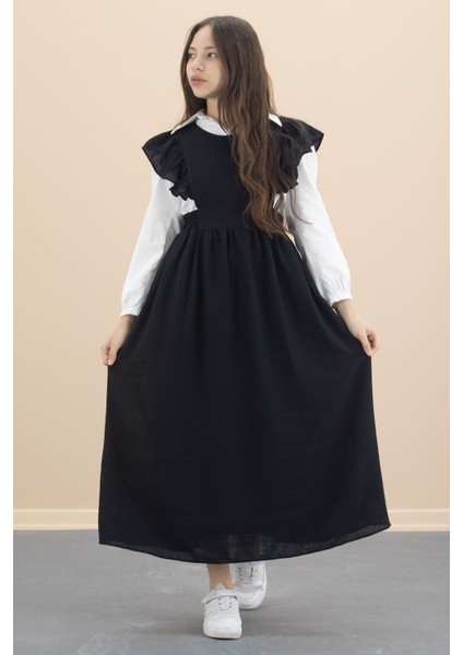 Siyah Fırfır Detaylı Uzun Kol Gömlekli Kız Çocuk Uzun Kesim Elbise 20554 modelleri