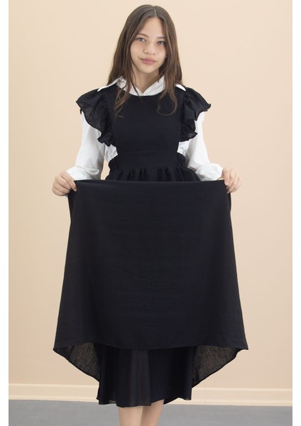 Siyah Fırfır Detaylı Uzun Kol Gömlekli Kız Çocuk Uzun Kesim Elbise 20554 fırsatları